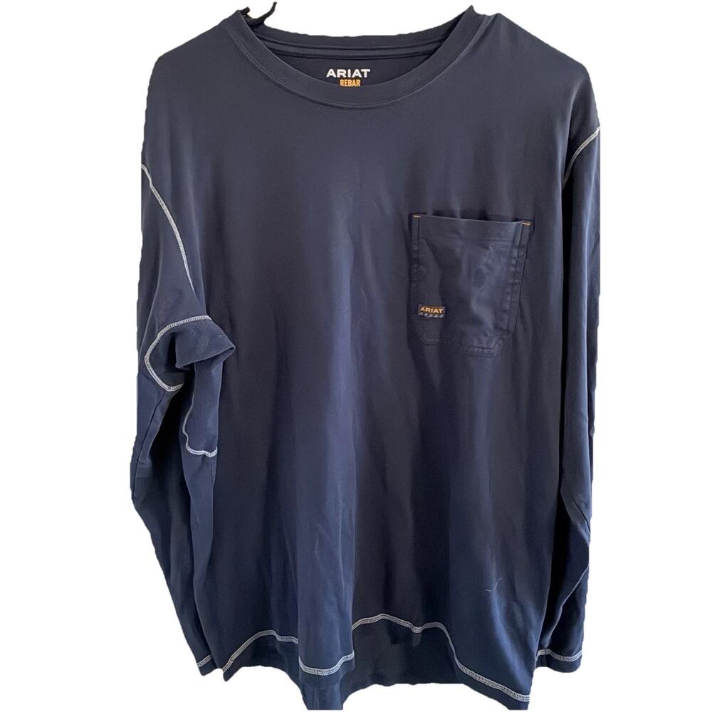 Ariat Rebar Men’s Navy Long Sleeve Work T-Shirt Crewneck Logo Pocket Size L